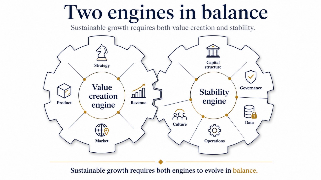 Diagram: two engines in balance — the value creation engine (strategy, product, market, revenue) and the stability engine (capital, governance, data, operations, culture).